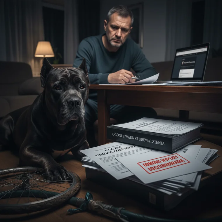 Prawnik analizuje dokumenty OWU przy biurku, a obok siedzi właściciel psa rasy agresywnej, który zastanawia się nad odmową wypłaty OC