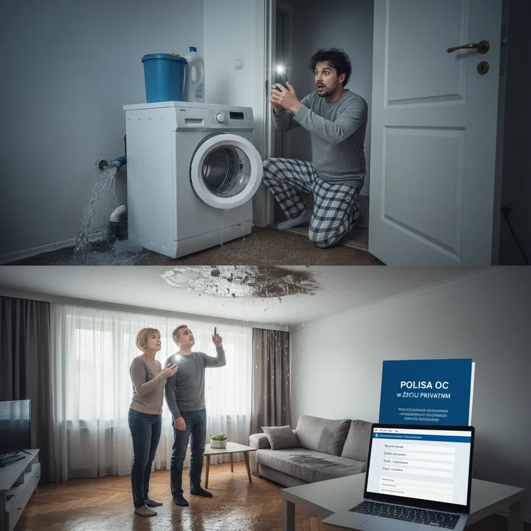 Rzeczoznawca ubezpieczeniowy dokonuje oględzin zalanego sufitu u sąsiada, analizując szkodę zgłoszoną z polisy OC w życiu prywatnym