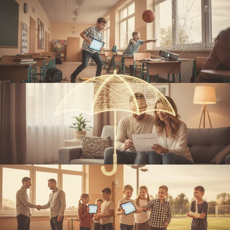 Rodzice omawiają z doradcą ubezpieczenie OC w życiu prywatnym a dzieci w szkole podstawowej i typowe szkolne szkody