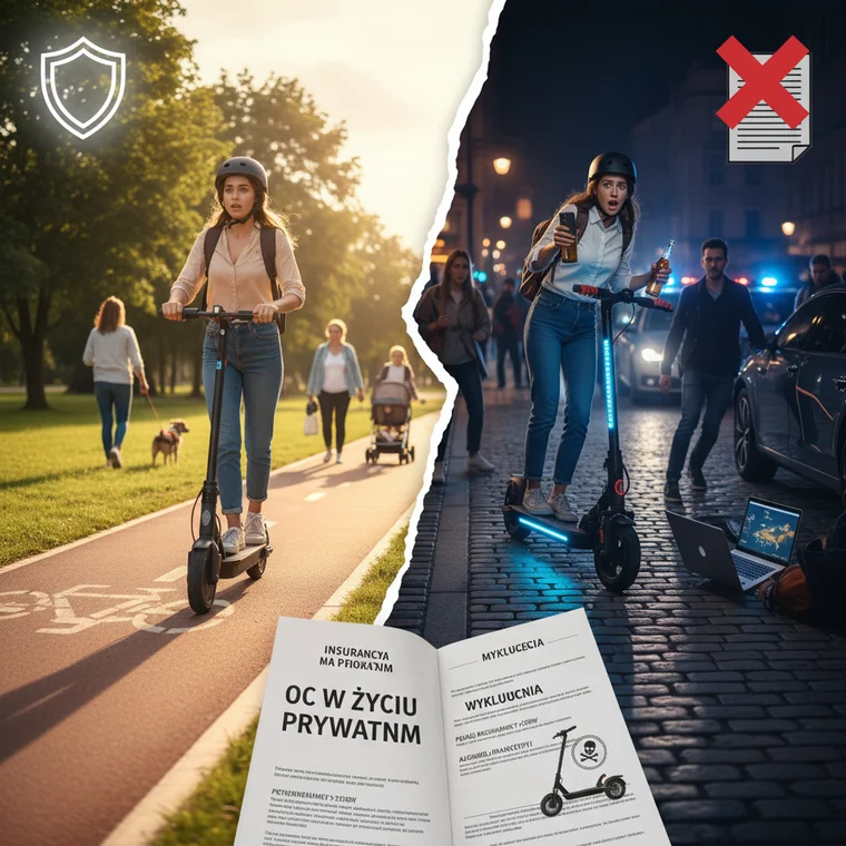 Zbliżenie na koło hulajnogi elektrycznej i ubezpieczony użytkownik w kasku, kontekst OC w życiu prywatnym i odpowiedzialności za szkody