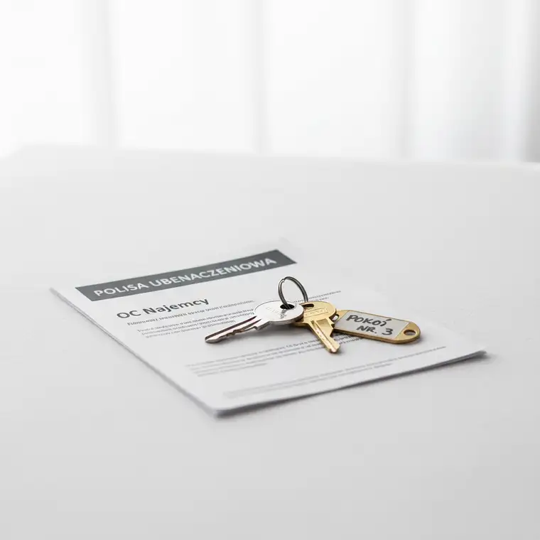 Młody najemca pokoju analizuje polisę OC w życiu prywatnym, zastanawiając się nad zakresem ochrony szkód w częściach wspólnych mieszkania