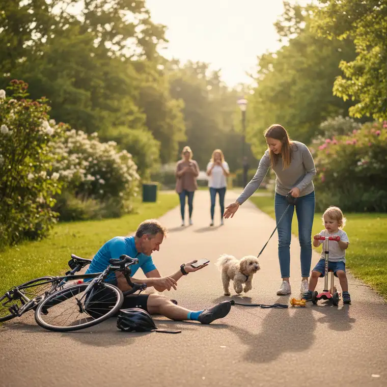 Rowerzysta po kolizji na ścieżce, rozmawia ze sprawcą i spisuje dane do zgłoszenia szkody z OC w życiu prywatnym