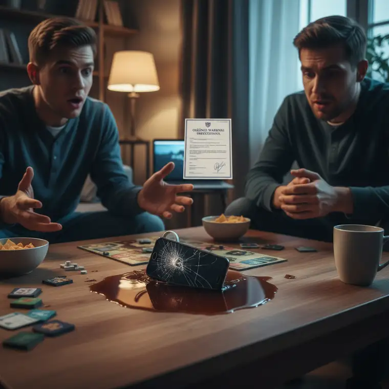 Grafika przedstawiająca OWU polisy, zaznaczone wyłączenia odpowiedzialności i ikonę zniszczonego telefonu znajomego przy OC w życiu prywatnym