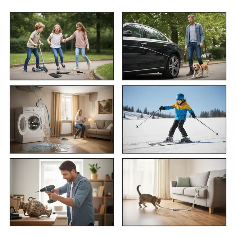 Rodzina w mieszkaniu analizuje przykładowe szkody objęte OC w życiu prywatnym, przeglądając dokumenty ubezpieczeniowe