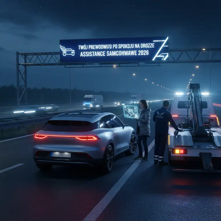 Holownik i uszkodzony samochód po kolizji, kierowca korzysta z usług assistance samochodowego na trasie w Polsce
