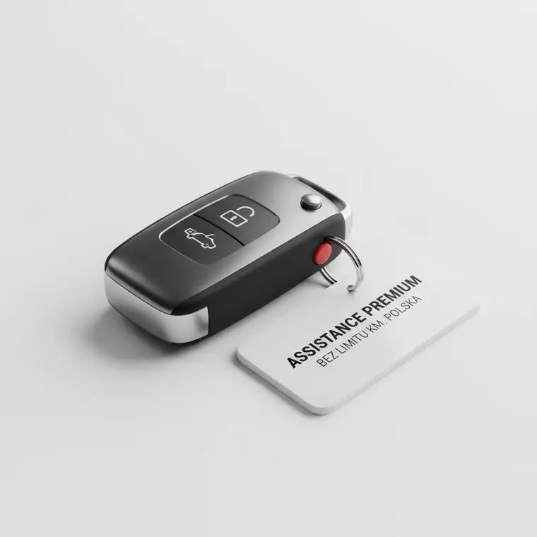 Infografika z samochodem na lawecie i ikonami usług Assistance, ilustrująca koszt rocznego Assistance samochodowego w Polsce bez limitu kilometrów