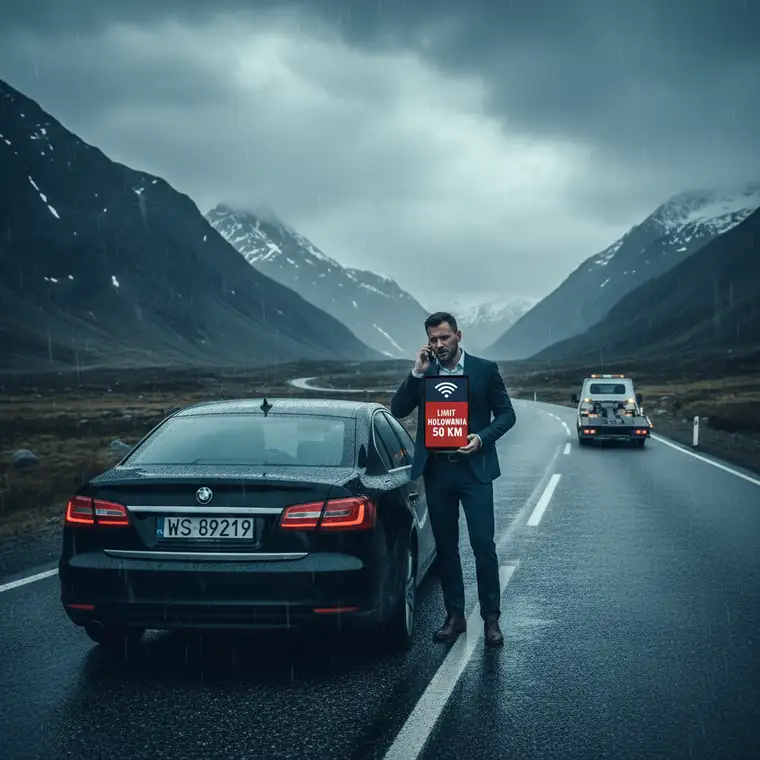 Rodzina przy zepsutym aucie analizuje ofertę assistance w leasingu i dodatkowej polisy, planując bezpieczne podróże