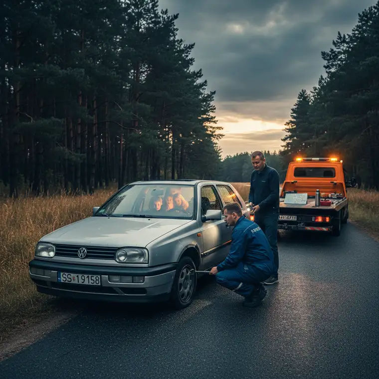 Rodzina przy starszym aucie na poboczu, laweta i pomoc drogowa w ramach assistance dla samochodu powyżej 15 lat