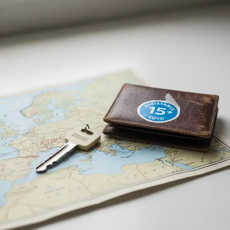 Starszy samochód osobowy na poboczu drogi, kierowca korzysta z assistance samochodowego dla auta powyżej 15 lat po awarii w trasie