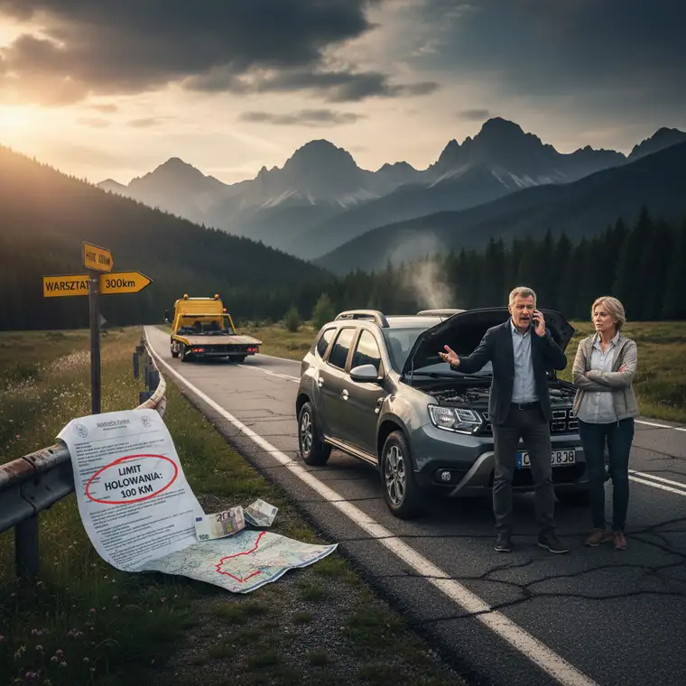 Laweta z uszkodzonym autem na autostradzie symbolizuje znaczenie odpowiedniego limitu holowania assistance podczas długich tras krajowych i zagranicznych