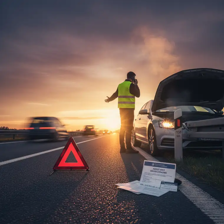 Laweta i samochód na poboczu autostrady, kierowca potwierdza z ubezpieczycielem zakres assistance i brak dodatkowych kosztów holowania