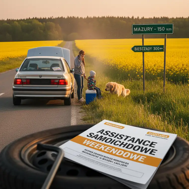Samochód na lawecie podczas weekendowego wyjazdu, ilustrujący działanie krótkoterminowego assistance w razie awarii w trasie