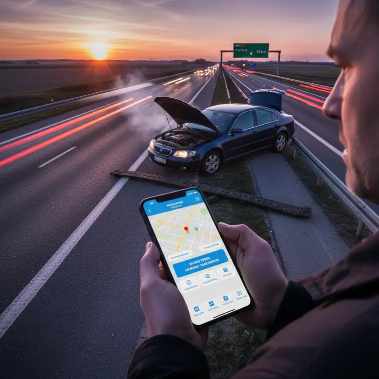 Laweta transportująca samochód po zgłoszeniu w aplikacji assistance ubezpieczyciela na tle drogi ekspresowej