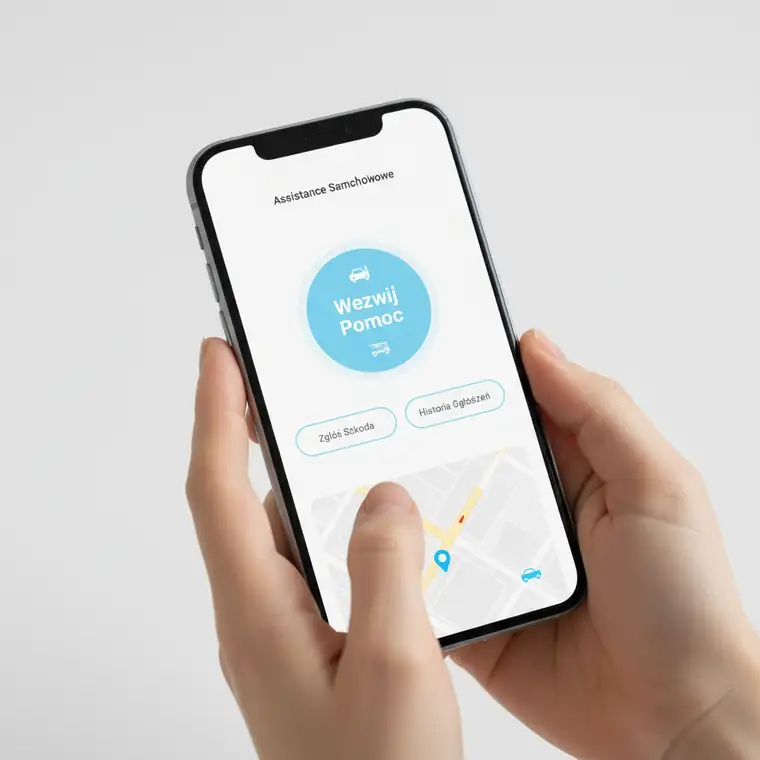 Kierowca korzysta z aplikacji ubezpieczyciela do wezwania assistance samochodowego stojąc przy unieruchomionym aucie na poboczu