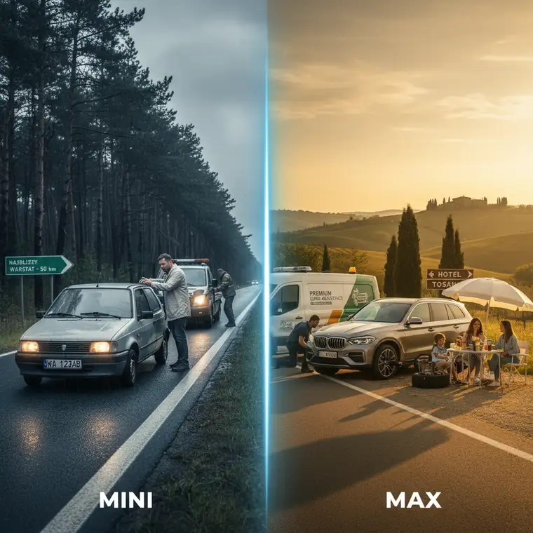 Mechanik holujący auto na lawetę, ilustracja różnic między assistance samochodowe mini i max w razie awarii