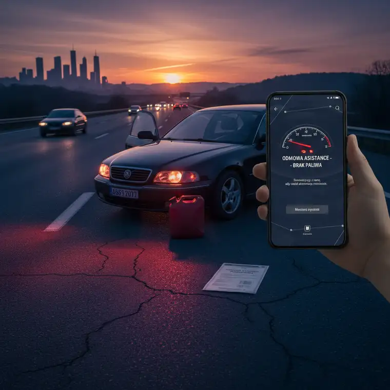 Laweta i samochód na poboczu, przykład sytuacji gdy Assistance samochodowe odmówi holowania z powodu braku paliwa w pojeździe