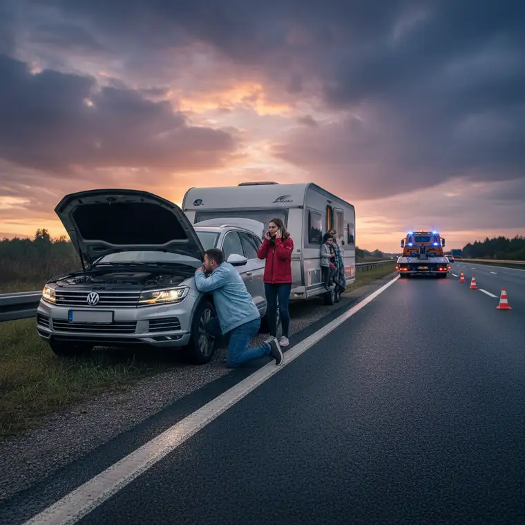 Zestaw samochód z przyczepą kempingową na autostradzie, ilustracja kompletnej ochrony Assistance z holowaniem, noclegiem i autem zastępczym