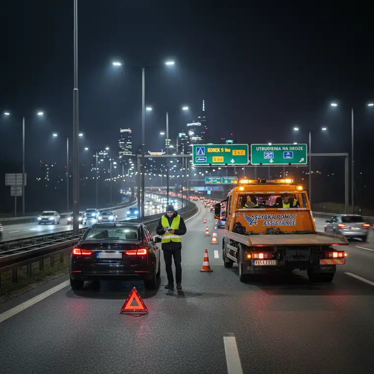 Laweta transportująca uszkodzony samochód w mieście, ilustrująca assistance samochodowe i realny czas oczekiwania na przyjazd pomocy