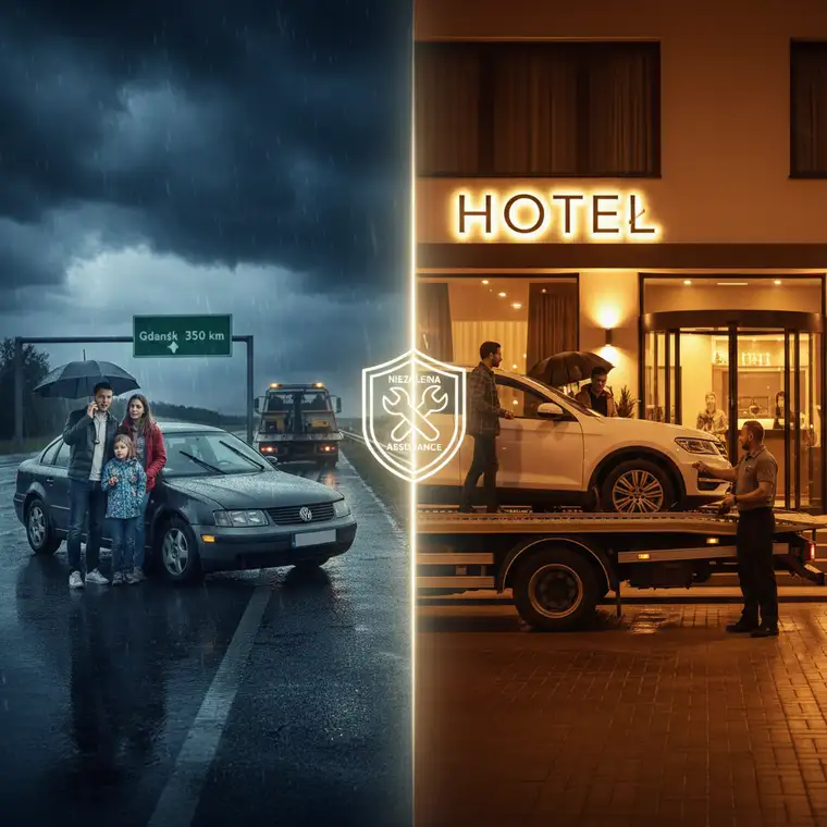 Mechanik i laweta pomagający kierowcy, ilustracja działania prywatnej polisy assistance samochodowego niezależnej od OC poprzedniego właściciela