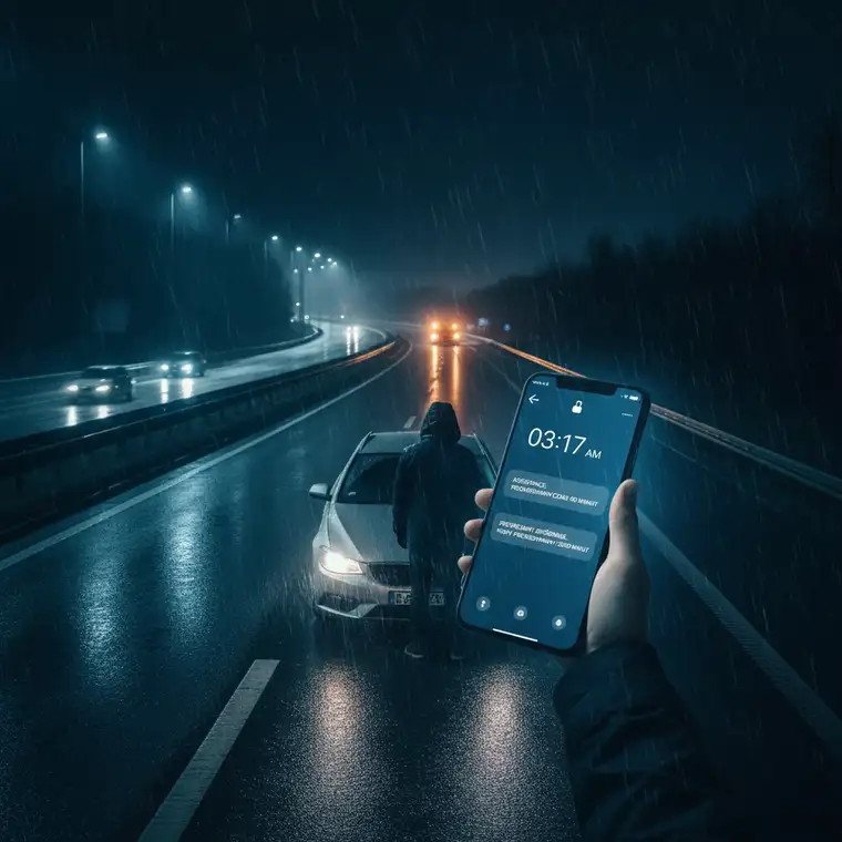 Kierowca analizujący dokumenty assistance samochodowego przy biurku, przygotowujący reklamację po opóźnionym holowaniu