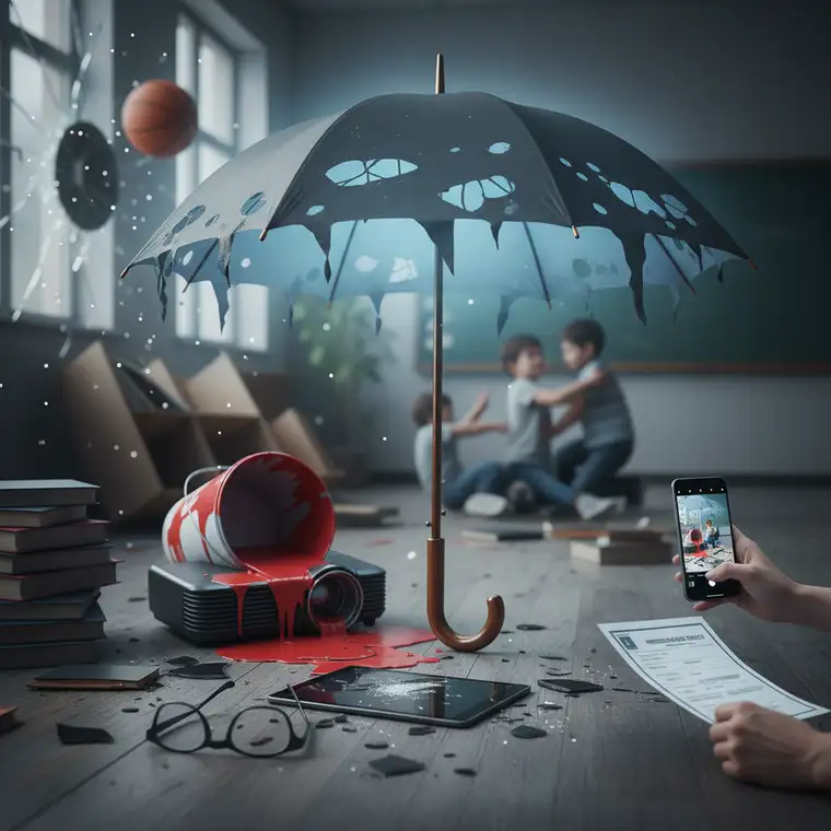 Rodzice omawiają warunki polisy OC w życiu prywatnym, analizując odpowiedzialność za szkody dziecka w szkole