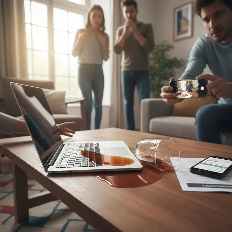 Rzeczoznawca ubezpieczeniowy analizuje zalany laptop znajomego przy biurku i omawia z klientem zgłoszenie szkody z OC w życiu prywatnym