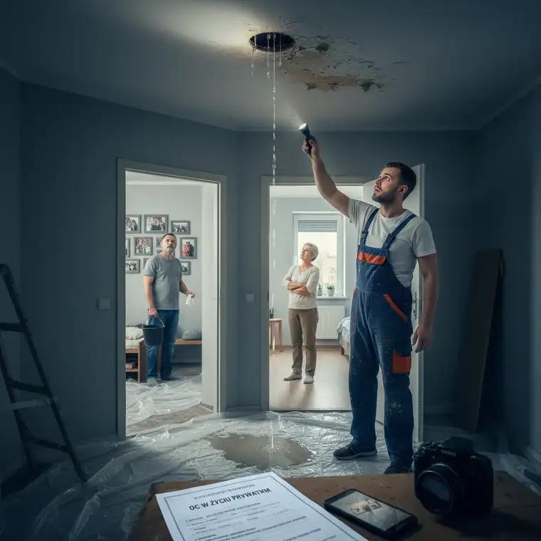 Sąsiedzi oglądający zalany sufit w mieszkaniu w bloku, omawiający zgłoszenie szkody z OC w życiu prywatnym po remoncie