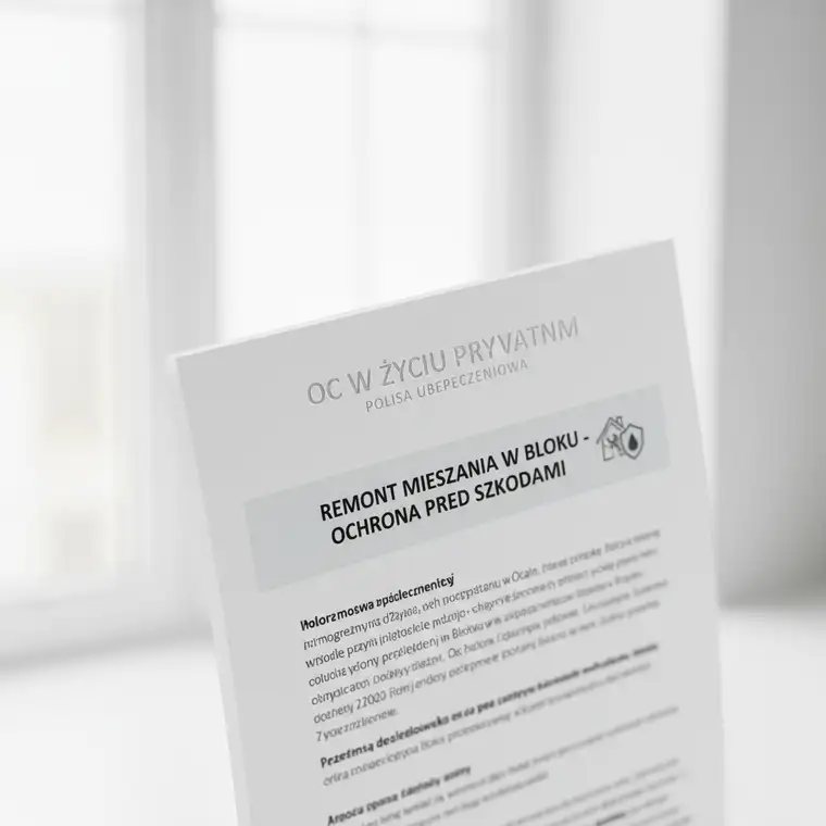 Właściciel mieszkania przeglądający polisę OC w życiu prywatnym przed remontem mieszkania w bloku, z widoczną klatką schodową i sąsiednimi drzwiami