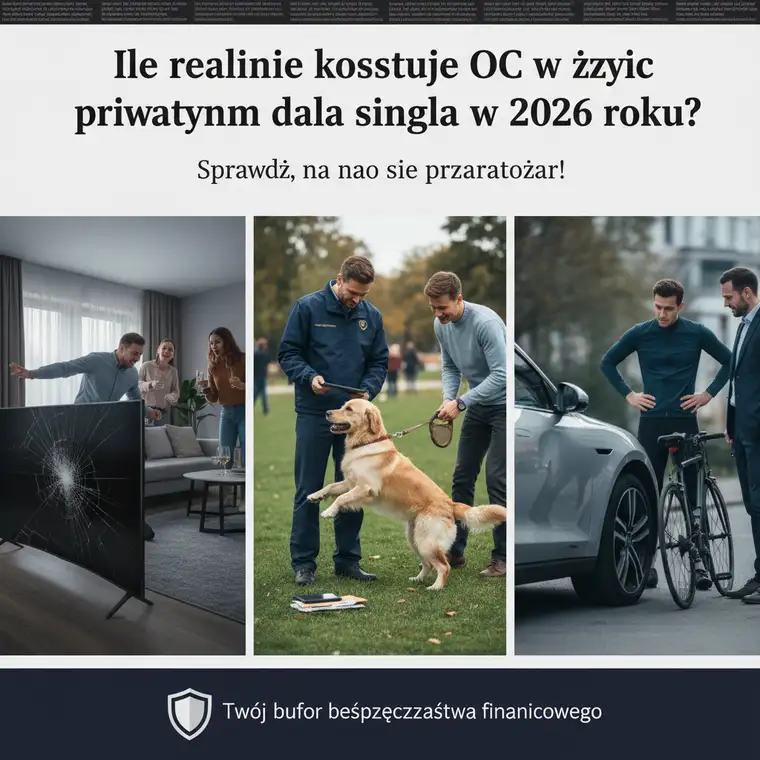 Aktywny singiel z psem podczas urlopu sprawdza na smartfonie polisę OC w życiu prywatnym i jej koszty w 2026 roku