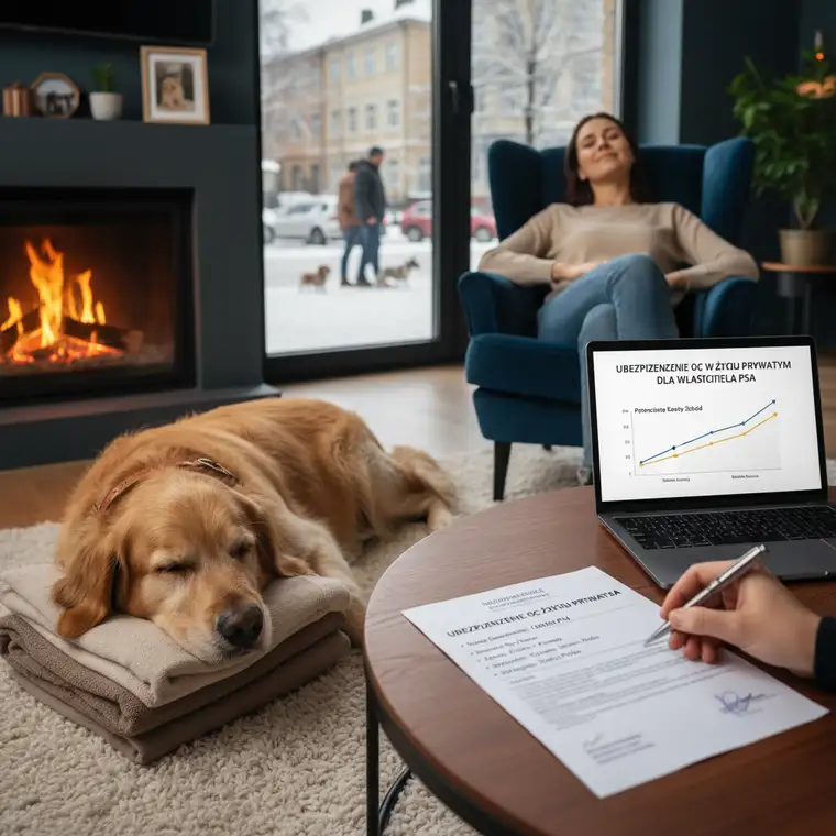 Właściciel z psem na spacerze w mieście analizuje ryzyko szkód i wysokość sumy gwarancyjnej OC w życiu prywatnym