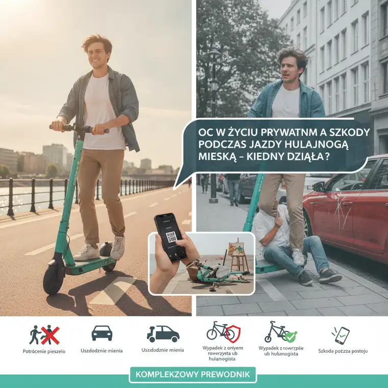 Mężczyzna na hulajnodze elektrycznej obok samochodów, ryzyko szkód i rola OC w życiu prywatnym przy kolizjach w mieście