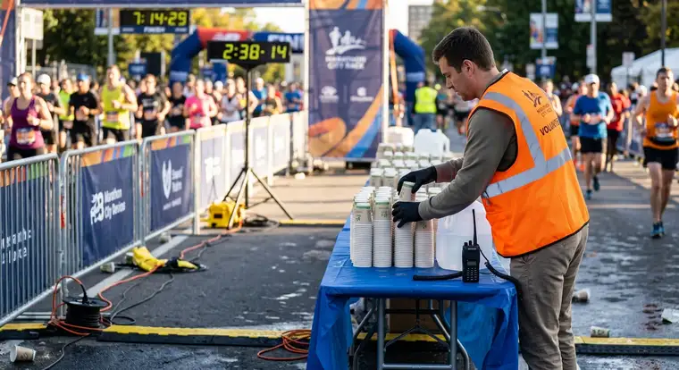 Grupa wolontariuszy na mecie biegu masowego omawia zasady bezpieczeństwa; temat: OC w życiu prywatnym dla wolontariusza na wydarzeniu sportowym