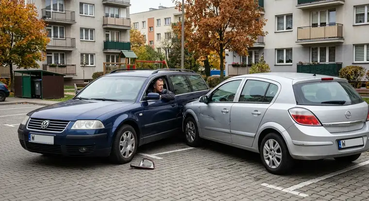 Ręce dwóch kierowców nad dokumentem oświadczenia o kolizji, obok widoczne dwa auta po stłuczce na podwórku – sytuacja zgłaszania szkody z OC