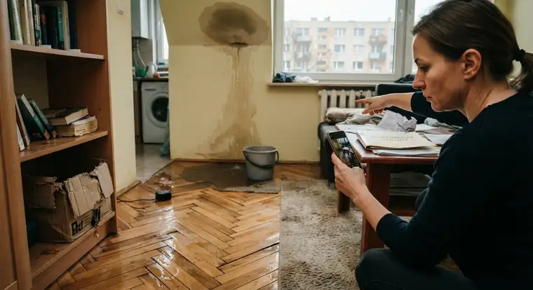 Zalanie w bloku - mokra ściana i zniszczony parkiet jako dowód w szkodzie z ubezpieczenia mieszkania od zalania